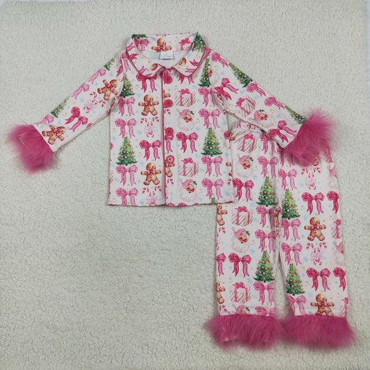 GLP2375 Gingerbread Man Pink Bow Santa Tree Plush Edge Long Sleeves Pants Pajamas Girls Set High Quality 202507 RTS