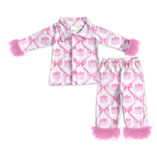 Preorder GLP2377 Pumpkin Bows Pink Plush Edge Long Sleeves Pants Pajamas Girls Set High Quality