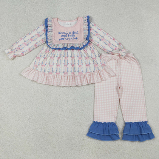 GLP2379 God Baby Proof Letter Bow Beige Long Sleeve Pants Girls Set 202509 RTS