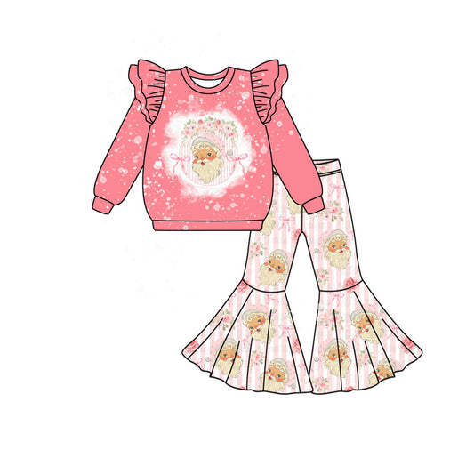 Preorder GLP2380 Santa Claus Flower Bow Pink Long Sleeve Striped Bell Bottoms Pants Set Girls Boutique Outfit 202505