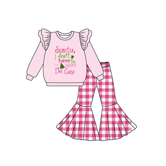 Preorder GLP2381 Cherry Christmas Santa Letter Pink Long Sleeve Plaid Bell Bottoms Pants Set Girls Boutique Outfit 202505