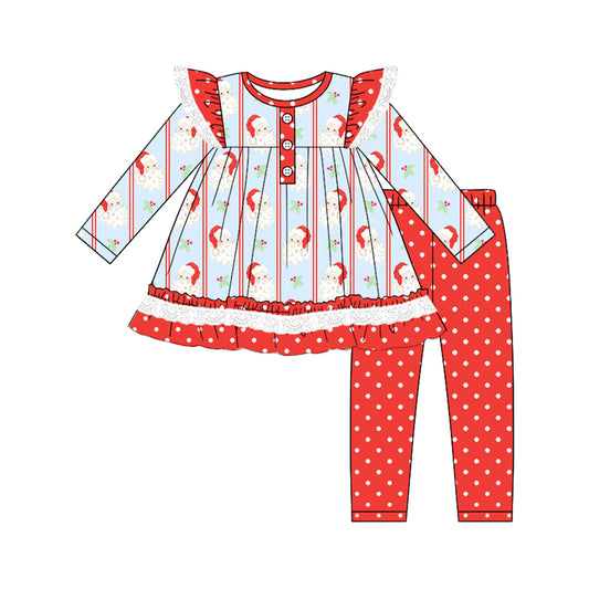 Preorder GLP2382 Santa Claus Polka Dot Lace Red Stripe Blue Long Sleeve Pants Suit Girls Boutique Outfit 202505