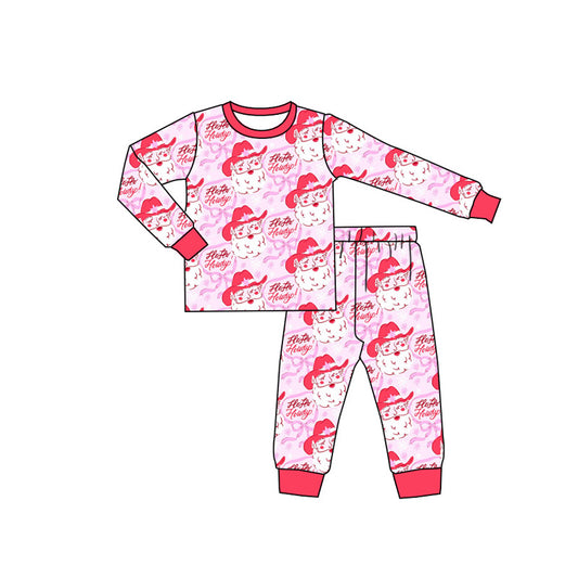 Preorder GLP2384 Howdy Letter Santa Claus Pink Bow Long Sleeve Pants Pajamas Set Girls Boutique Outfit 202505
