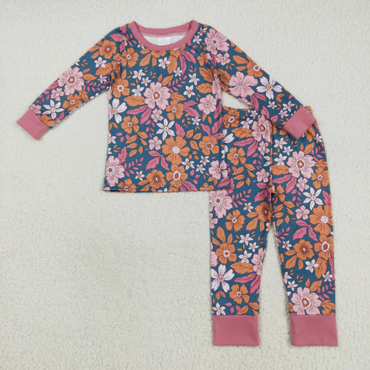 GLP2385 Flower Leaf Pink Green Long Sleeve Pants Pajamas Girls Set 202508 RTS