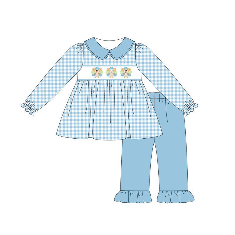 Preorder GLP2386 Turkey Blue Plaid Doll Collar Long Sleeve Pants Set Girls Boutique Outfit 202505