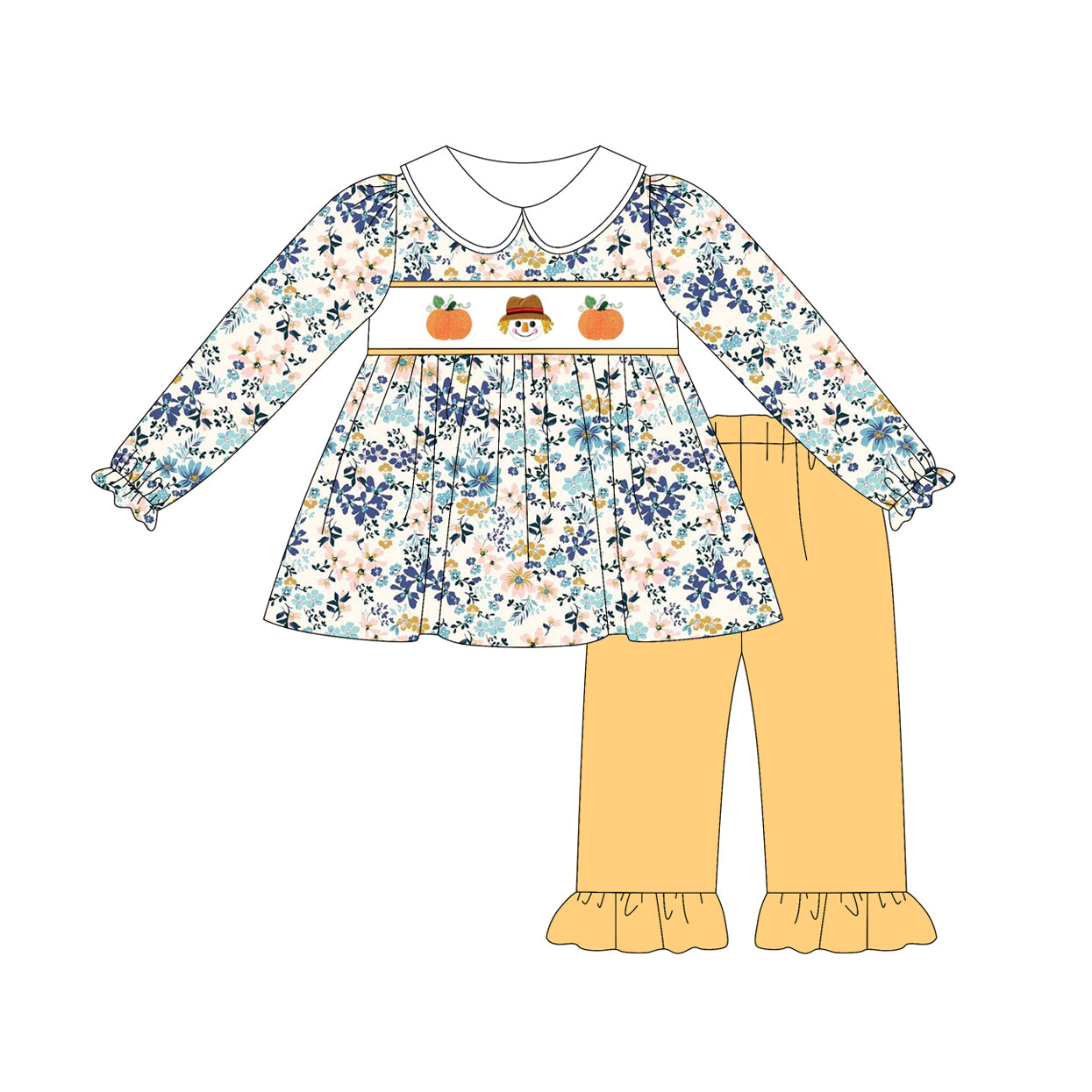 Preorder GLP2387 Pumpkin Scarecrow Flower Leaf Doll Collar Long Sleeve Pants Set Girls Boutique Outfit 202505