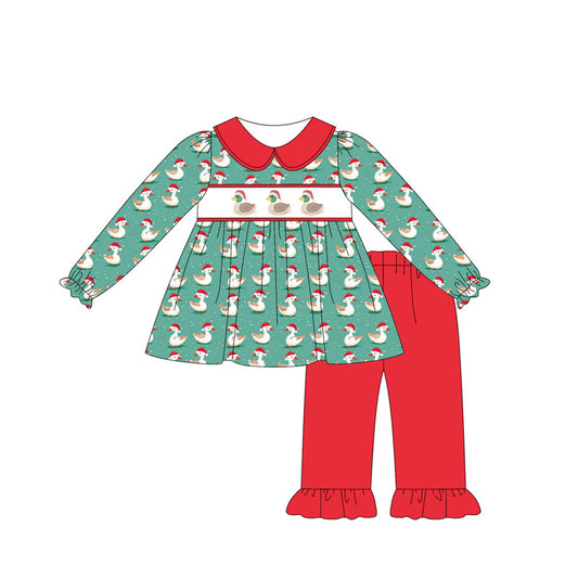 Preorder GLP2390 Santa Hat Duck Red Doll Collar Green Long Sleeve Pants Suit Girls Boutique Outfit 202505