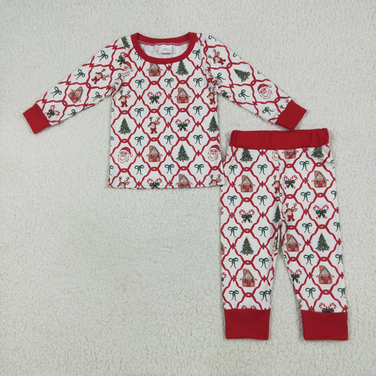 GLP2391 Christmas Bear House Bow Pattern Long Sleeve Long Pants Pajama Set Girls Boutique Outfit 202506 RTS