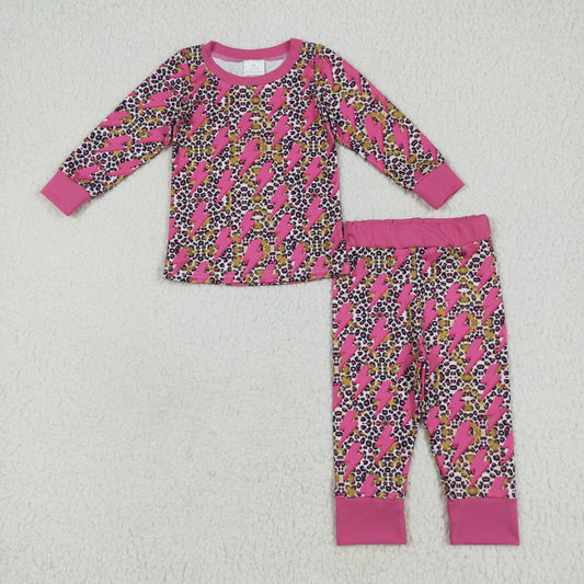 GLP2393 Rose Red Lightning Leopard Print Long Sleeve Pants Pajama Set Girls Boutique Outfit 202506 RTS