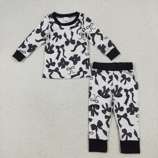 GLP2395 Black Bows Beige Long Sleeve Long Pants Pajama Set Girls Boutique Outfit 202506 RTS