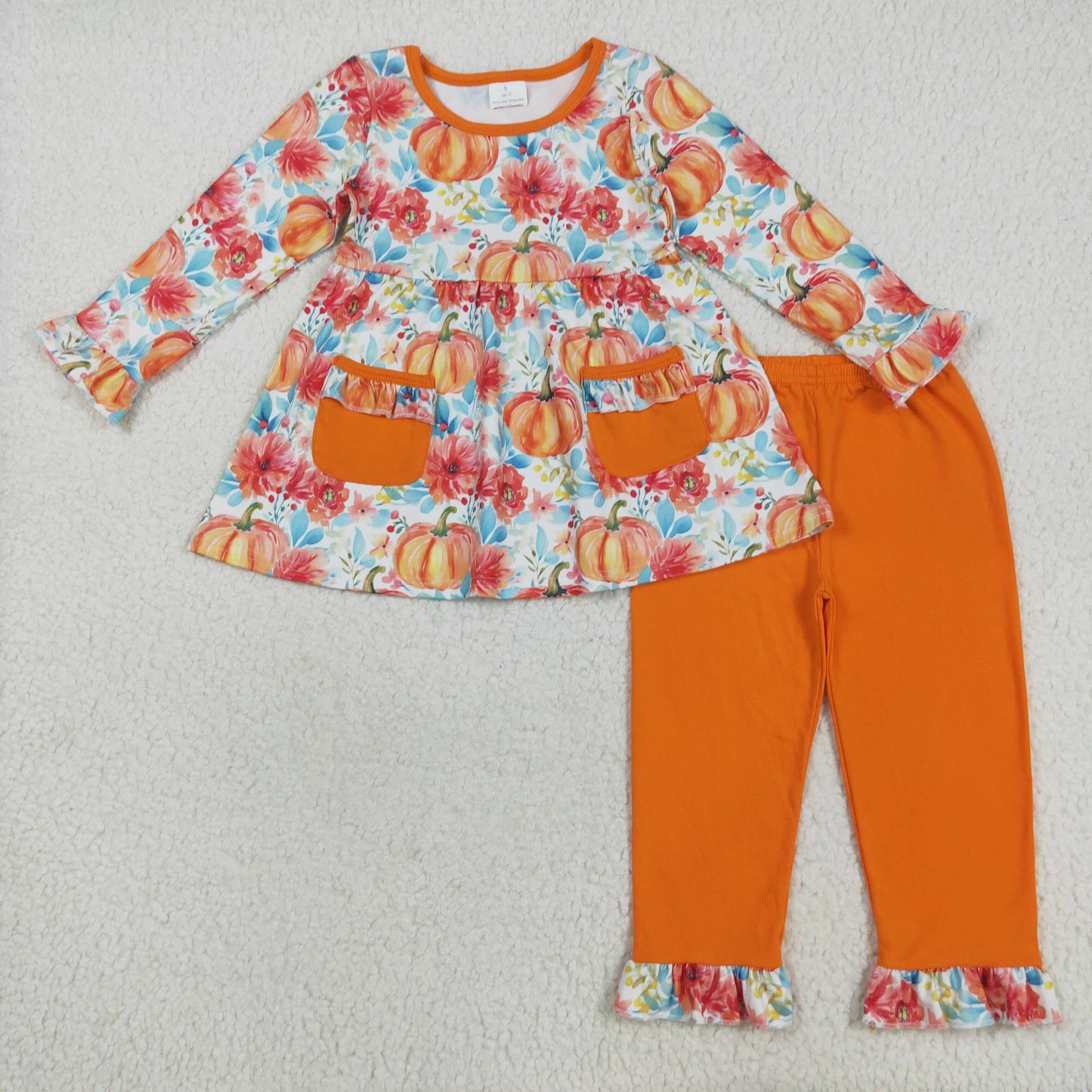 GLP2399 Pumpkin Flower Ruffle Orange Pocket Long Sleeve Pants Girls Sets 202507 RTS