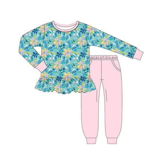 Preorder GLP2405 Flower Green Ruffle Long Sleeve Pink Pants Suit Girls Boutique Outfit 202505