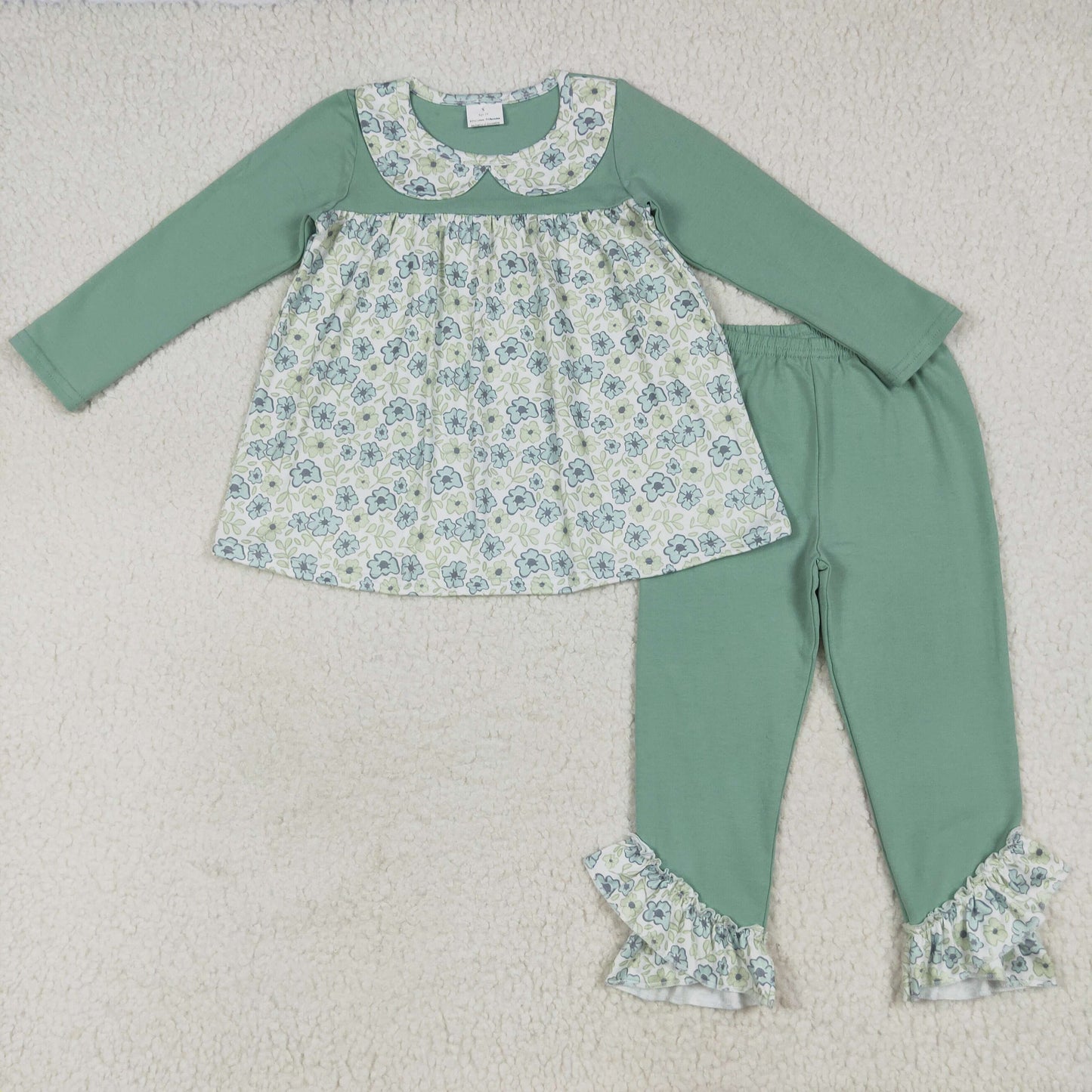 GLP2407 Flower Pea Green Ruffle Doll Collar Long Sleeve Pants Suit Girls Boutique Outfit 202507 RTS