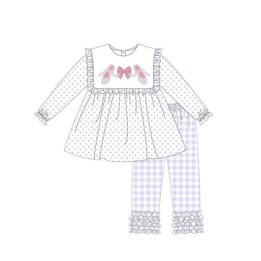 Preorder GLP2408 Ballet Shoes Bows Ruffle White Dots Long Sleeve Purple Plaid Pants Suit Girls Boutique Outfit 202505