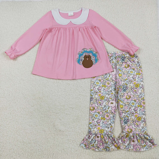 GLP2409 Turkey Doll Neck Pink Long Sleeve Pants Suit Girls Boutique Outfit 202507 RTS