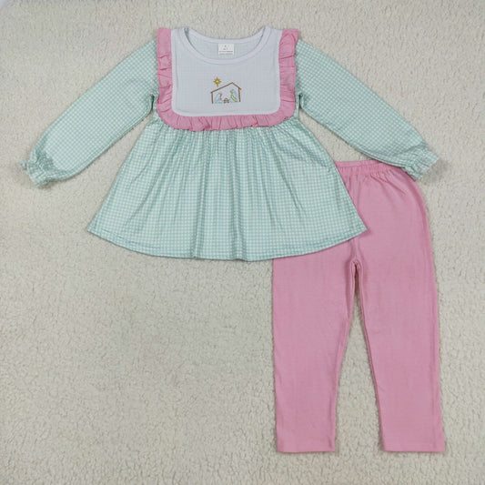 GLP2410 Embroidered Christmas Jesus Pink Ruffle Green Plaid Long Sleeve Pants Suit Girls Boutique Outfit 202507 RTS