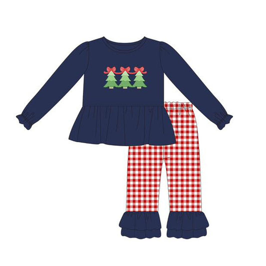 Preorder GLP2412 Christmas Tree Bows Navy Blue Ruffle Long Sleeve Red Plaid Pants Suit Girls Boutique Outfit 202505