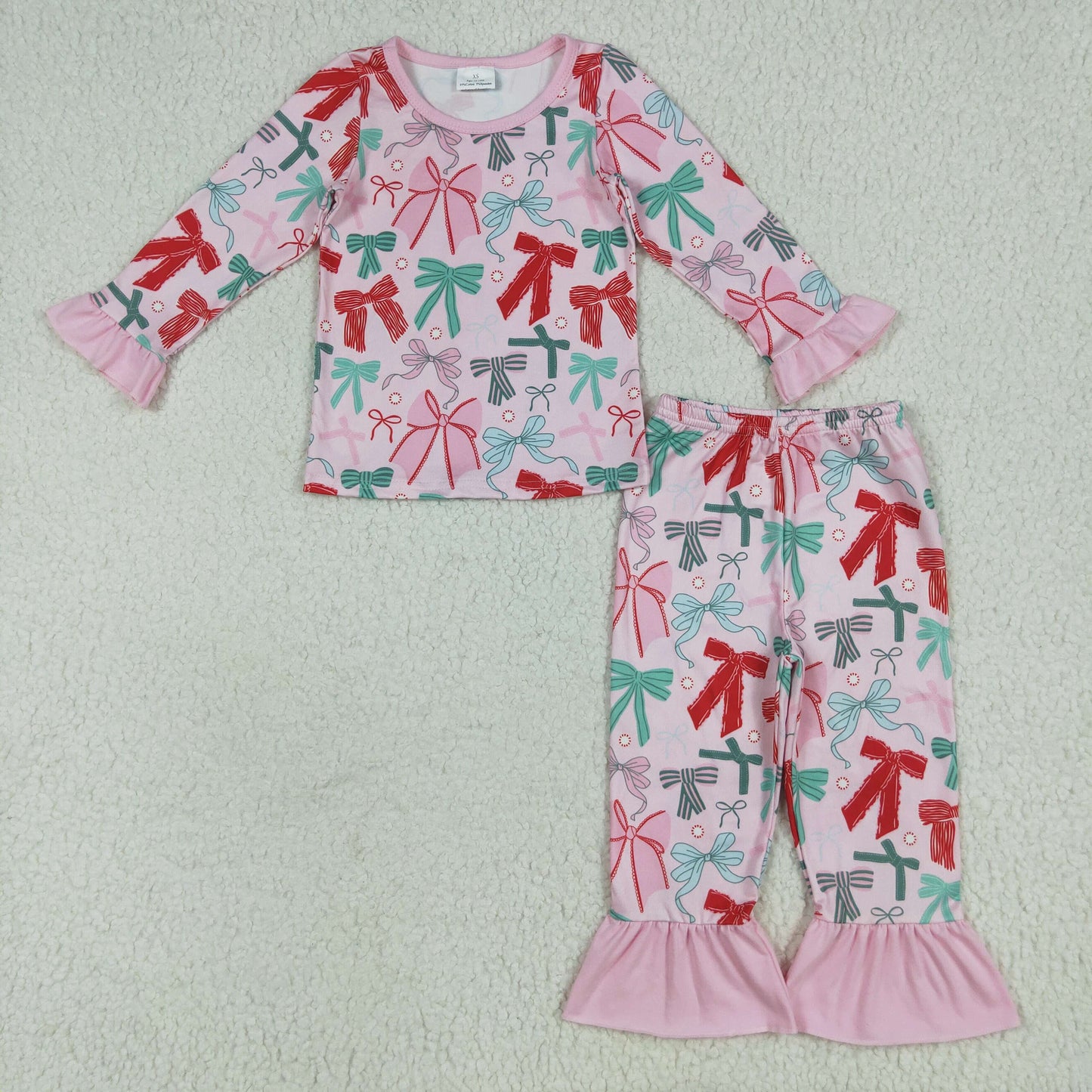 GLP2413 Colored Bows Pink Long Sleeve Pants Pajamas Suit Girls Boutique Outfit 202506 RTS