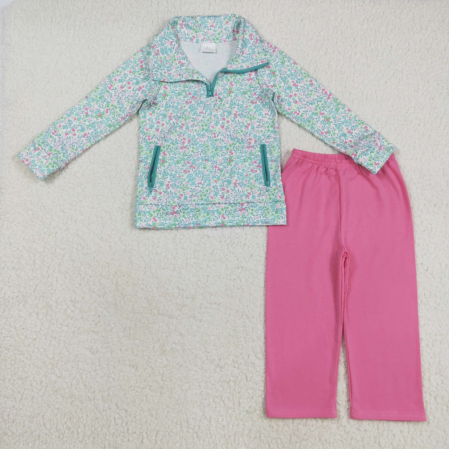 GLP2414 Blue Green Floral Stand-up Zippy Long Sleeve Pink Red Pants Girls Sets 202508 RTS