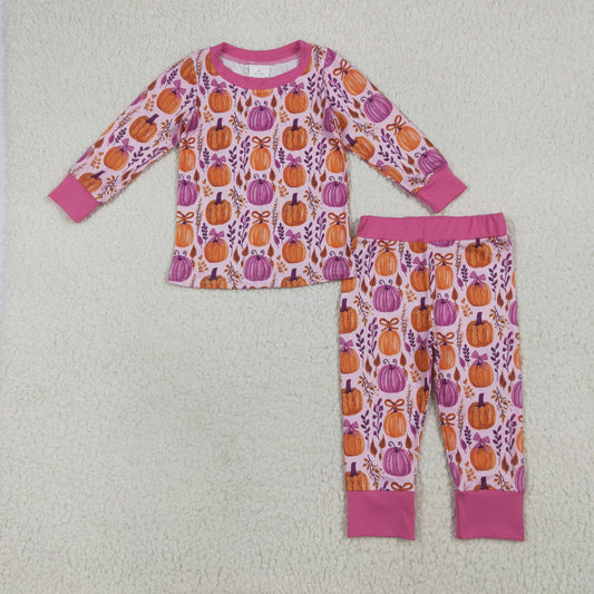 GLP2415 Bows Pumpkin Leaf Rose Red Long Sleeve Long Pants Pajama Set Girls Boutique Outfit 202506 RTS