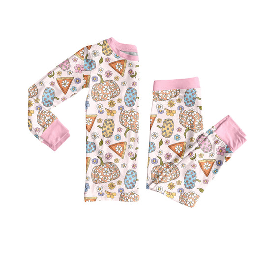 Preorder GLP2417 Girls Boutique Pumpkin Flower Pink Long Sleeve Pants Pajamas Suit 202505
