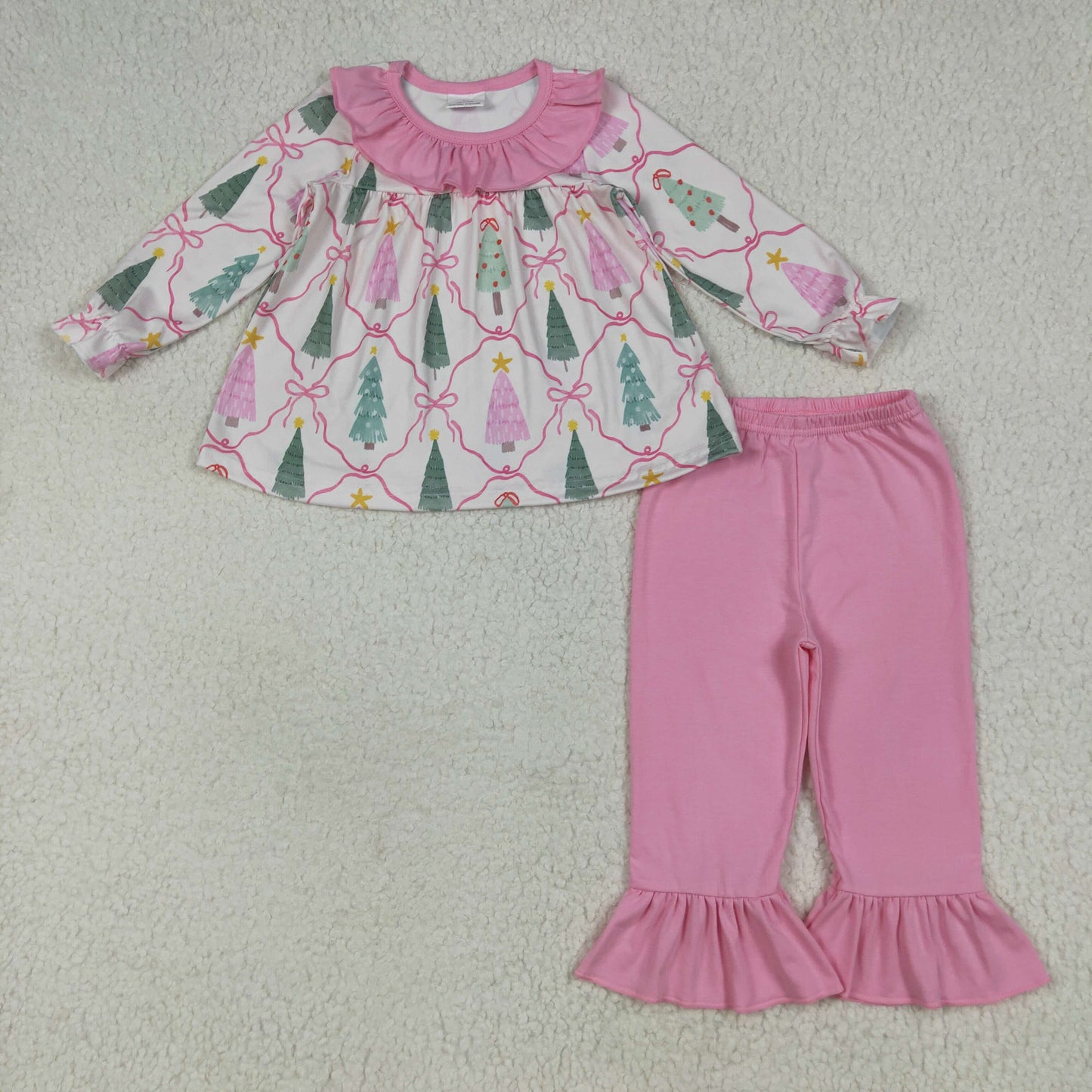 GLP2420 Girls Boutique Santa Tree Bows Pink Ruffled Long Sleeve Pants Suit 202506 RTS