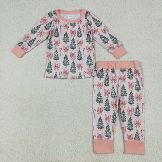 GLP2423 Christmas Girls Boutique Santa Tree Bows Pink Long Sleeve Pajamas Pants Suit 202506 RTS