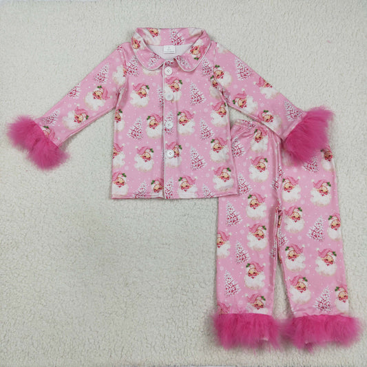 GLP2424 Christmas Girls Boutique Santa Claus Pink Plush Polo Button Long Sleeve Pants Pajamas Suit 202508 RTS