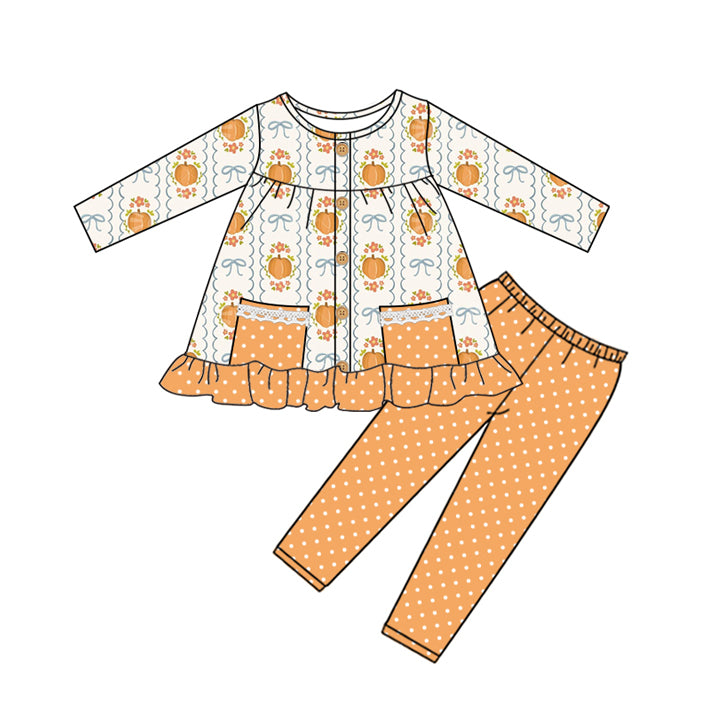 Preorder GLP2426 Girls Boutique Pumpkin Bows Dots Pocket Orange Ruffle Long Sleeve Pants Suit 202506