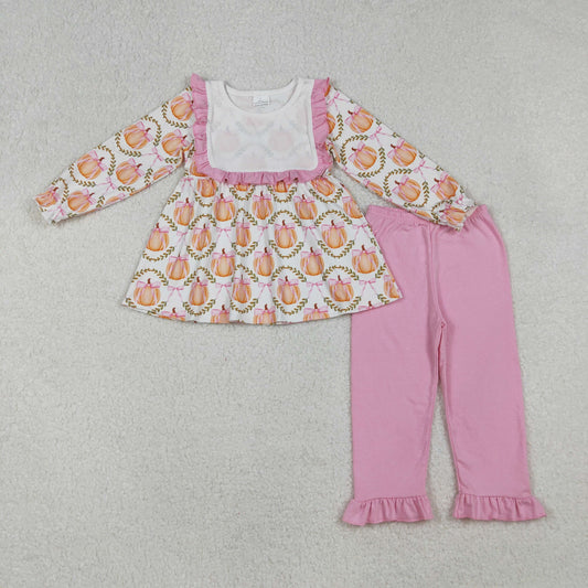 GLP2427 Girls Boutique Pumpkin Bows Pink Ruffle Long Sleeve Pants Sets 202509 RTS