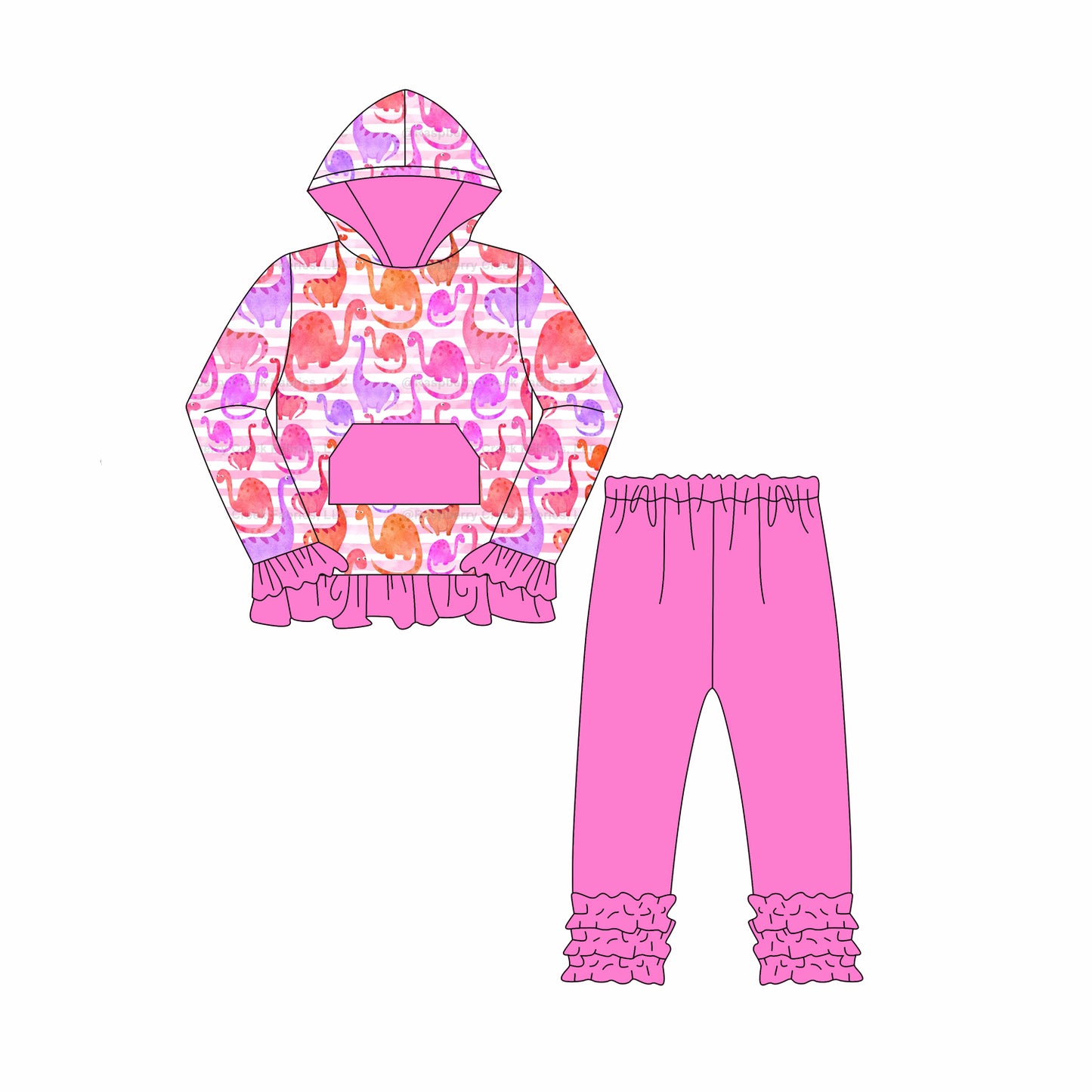Preorder GLP2430 Girls Boutique Dinosaur Shining Rose Red Ruffle Hooded Long Sleeve Pants Suit 202506