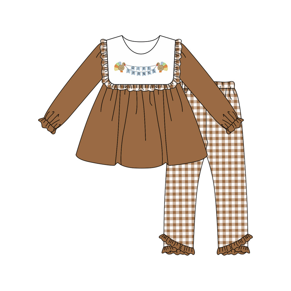Preorder GLP2431 Girls Boutique Turkey Brown Ruffle Long Sleeve Plaid Pants Suit 202506