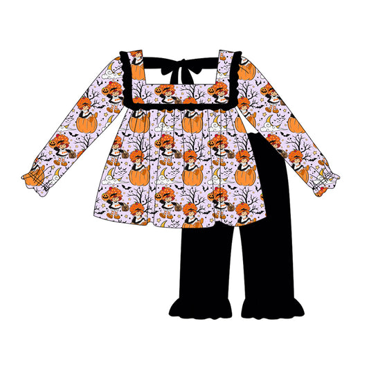 Preorder GLP2434 Girls Boutique Halloween Pumpkin Black Purple Ruffle Long Sleeve Pants Sets 202506