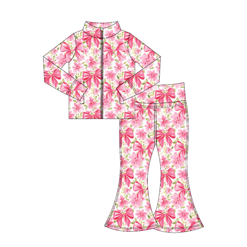 preorder GLP2437 Girls Boutique Yoga Sets Flower Leaf Pink Bows Zippy Long Sleeve Pants 202506