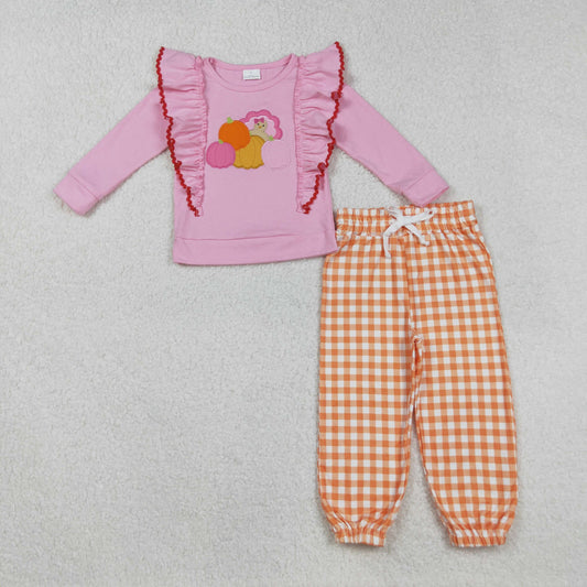 GLP2442 Girls Boutique Embroidered Turkey Pumpkin Pink Ruffle Long Sleeve Orange Plaid Pants Set 202509 RTS