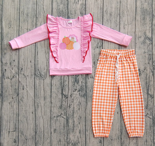 GLP2442 Girls Boutique Embroidered Turkey Pumpkin Pink Ruffle Long Sleeve Orange Plaid Pants Set 202509 RTS
