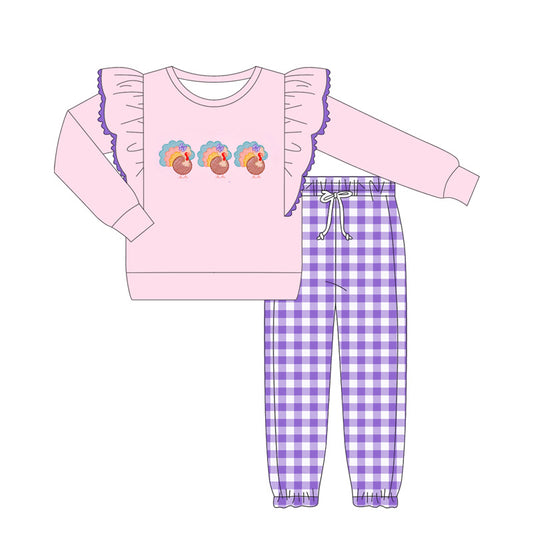 preorder GLP2443 Girls Boutique Turkey Pink Ruffle Long Sleeve Purple Plaid Pants Set 202506