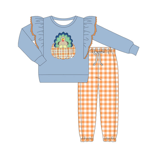 preorder GLP2444 Girls Boutique Turkey Pumpkin Dark Blue Ruffle Long Sleeve Orange Plaid Pants Set 202506