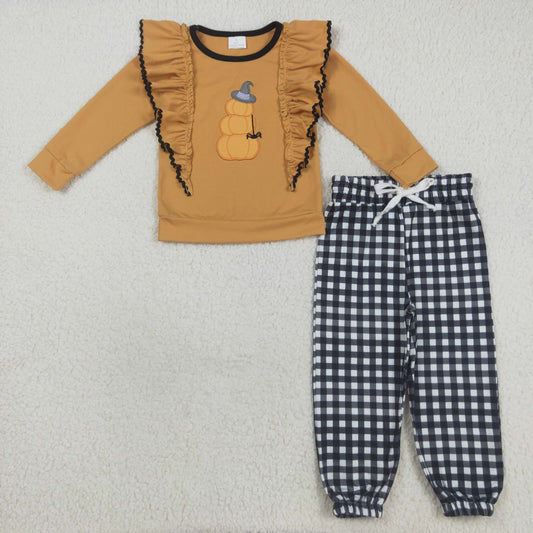 GLP2445 Girls Boutique Pumpkin Ruffle Orange Brown Long Sleeve Black Plaid Pants Set 202508 RTS
