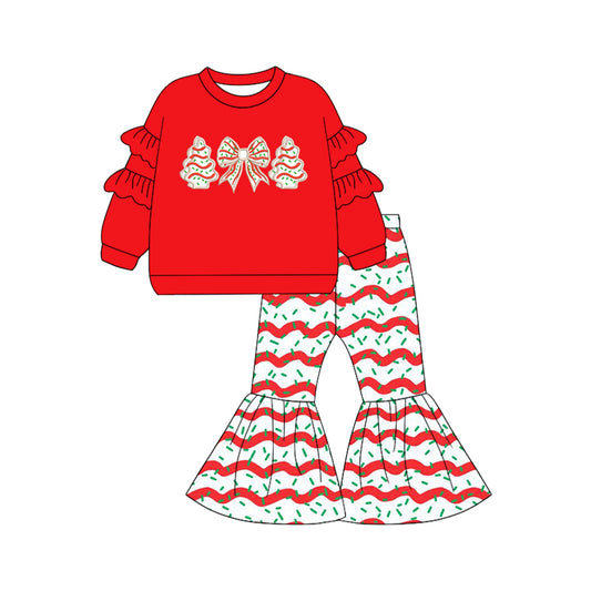 preorder GLP2449 Girls Boutique Christmas Tree Cookie Bow Red Ruffle Long Sleeve Wavy Line Pants Set 202506
