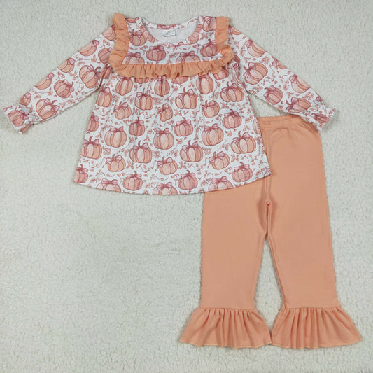 GLP2452 Pumpkin Orange Ruffle Long Sleeve Pants Suit Girls Boutique Outfit 202507 RTS