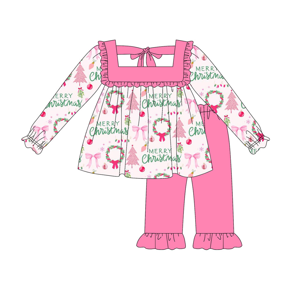 Preorder GLP2454 Merry Christmas Bows Pink Ruffle Long Sleeve Pants Sets Girls Boutique Outfit 202506