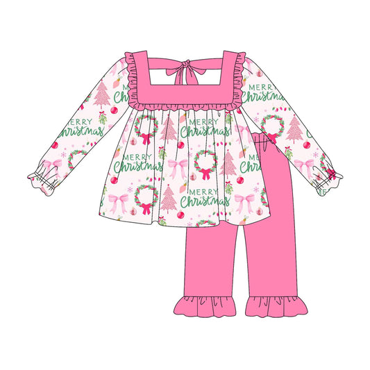 Preorder GLP2454 Merry Christmas Bows Pink Ruffle Long Sleeve Pants Sets Girls Boutique Outfit 202506