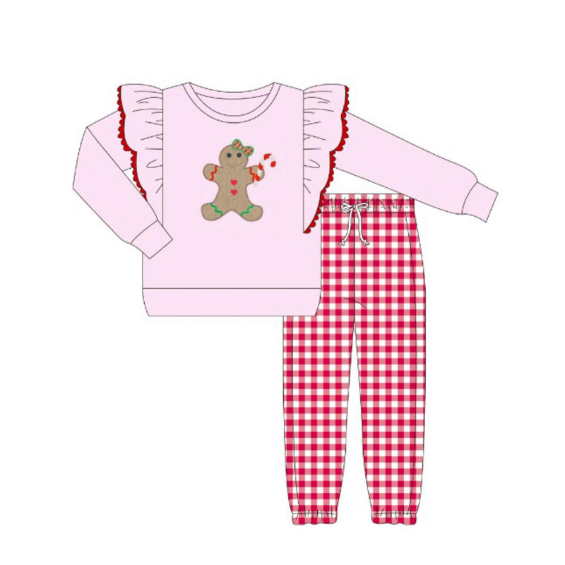 Preorder GLP2455 Gingerbread Man Pink Ruffle Long Sleeve Plaid Pants Sets Girls Boutique Outfit 202506