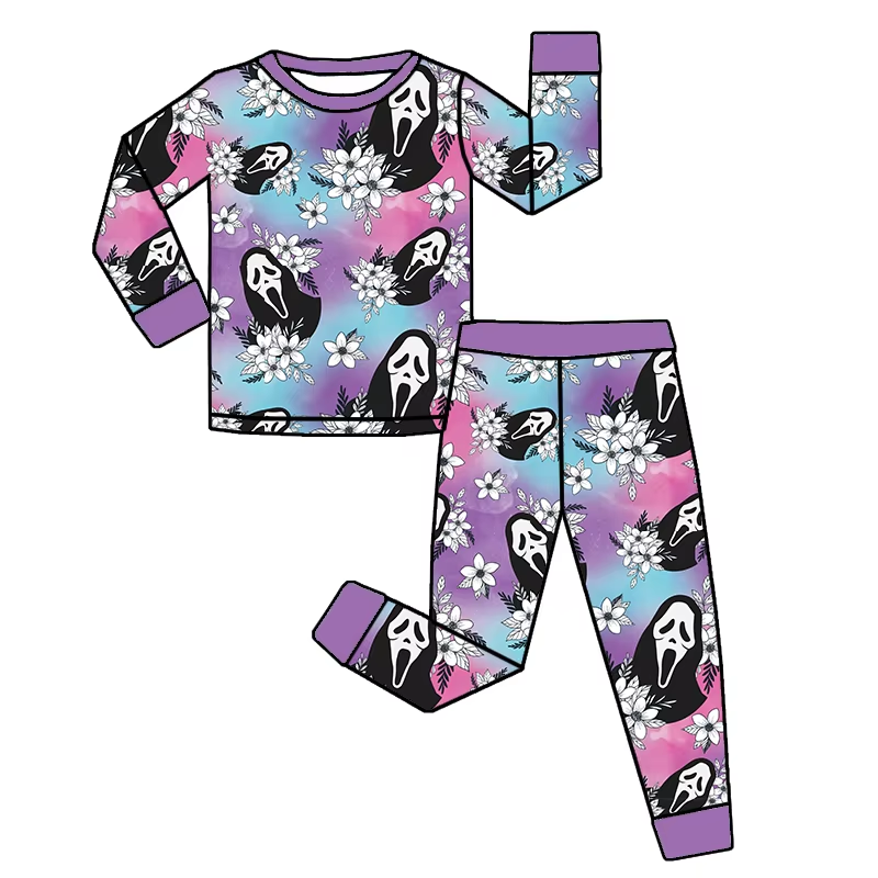 Preorder GLP2459 Halloween Mask Flower Purple Long Sleeve Pants Pajamas Sets Girls Boutique Outfit 202506