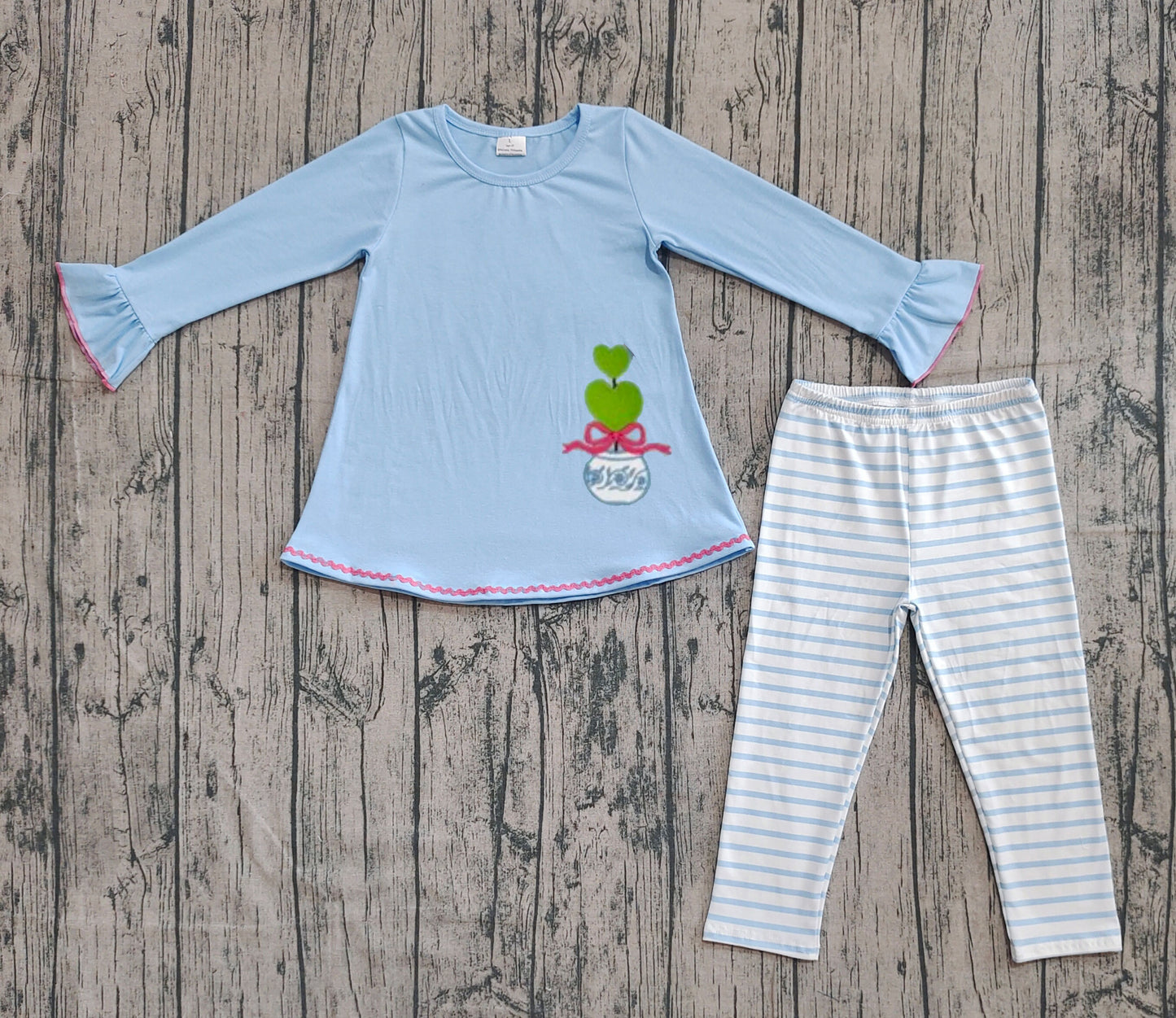 Preorder GLP2465 Embroidered Bow Vase Blue Long Sleeve Stripe Pants Girls Sets 202508
