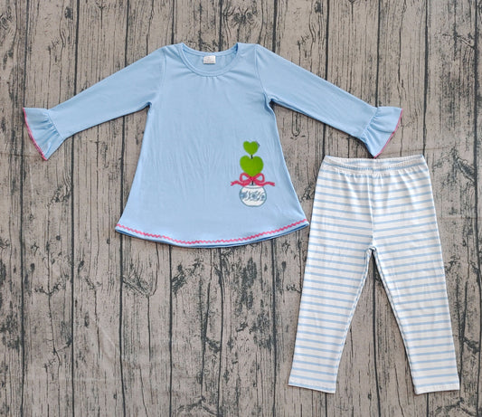 GLP2465 Embroidered Bow Vase Blue Long Sleeve Stripe Pants Girls Sets 202509 RTS