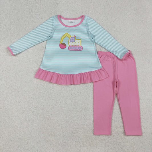 GLP2466 Embroidered Truck Bow Blue Stripe Long Sleeve Pink Pants Girls Sets 202509 RTS