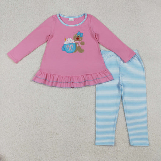 GLP2467 Embroidered Gingerbread Man Cane Cup Pink Ruffle Long Sleeve Blue Pants Girls Sets 202509 RTS