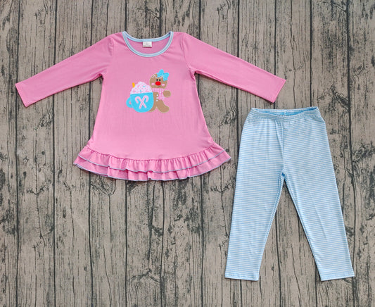 GLP2467 Embroidered Gingerbread Man Cane Cup Pink Ruffle Long Sleeve Blue Pants Girls Sets 202509 RTS
